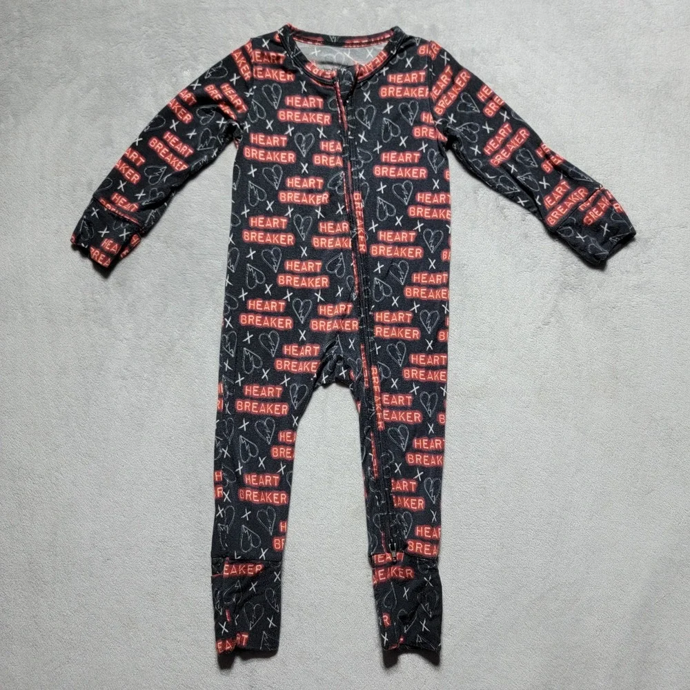 Rad Little Rebels Bamboo 12-18M Heart Breaker Zip Romper‎ Sleeper Black Red